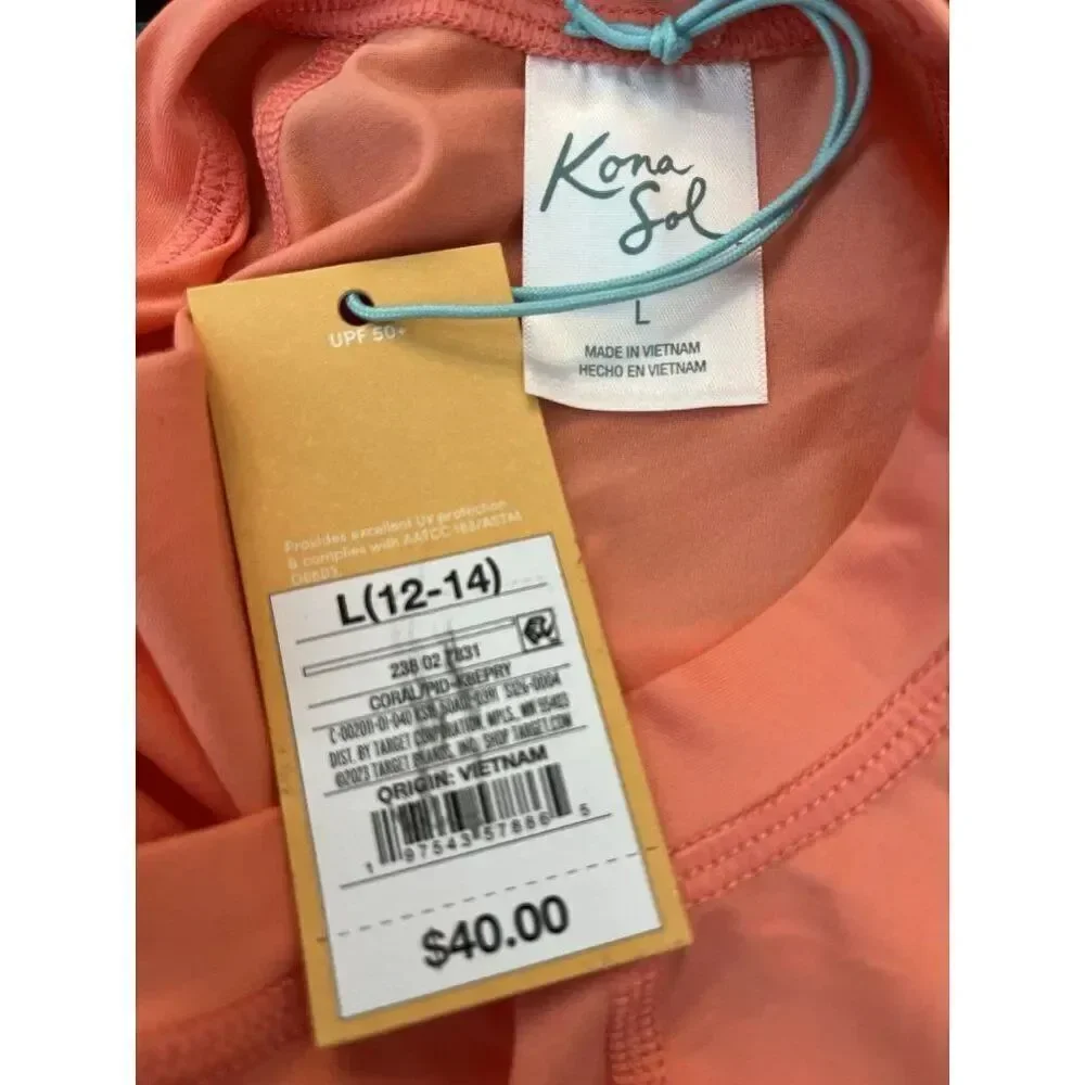Women's Large 12 -14 Cropped Long Sleeve Top Rash Guard Coral Cover Up NWT $40